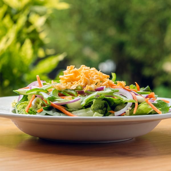 Fresh garden salad with shredded cheese, bell peppers, onions, and carrots on a white plate.